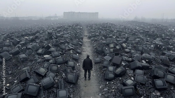 Fototapeta A solitary figure walks through a dystopian landscape filled with discarded old televisions.
