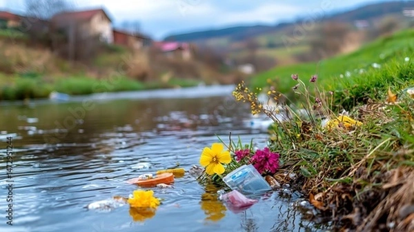 Fototapeta Colorful wildflowers juxtaposed with litter in a serene river, highlighting the impact of pollution on nature.