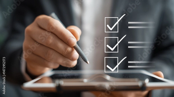 Fototapeta Businessman hand icon using iPad stylus to click on checkbox with floating icon. Businessman checking steps through document with checkbox list. Regulations, guidelines and policies concept. 