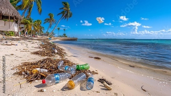 Fototapeta A polluted beach scene with plastic waste and debris scattered along the shore, under a clear blue sky.