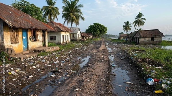 Fototapeta A scenic view of a neglected rural settlement with tropical palm trees and roadside litter, reflecting environmental challenges.
