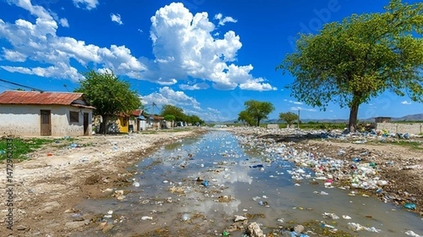 Fototapeta A polluted street scene featuring stagnant water and scattered debris under a vibrant blue sky with fluffy clouds.