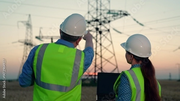 Obraz Woman electrician with laptop shows electric construction to man colleague. Electrical engineers discuss outcomes of day work at high voltage line tower. Employees share thoughts about lines condition