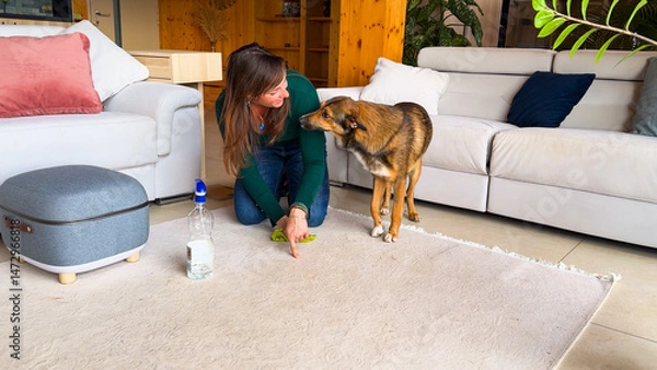Fototapeta Embarrassed doggo tries to apologize to owner who is cleaning the carpet after mishap. Adorable shepherd dog regrets accident as young lady shows him stain. Relatable and funny moment of pet ownership