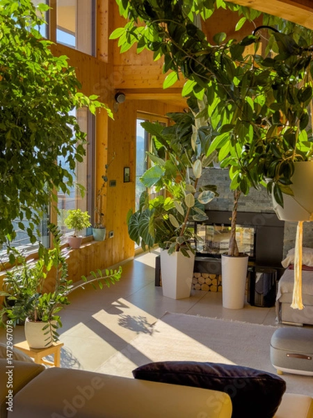 Fototapeta Warm and bright living space brims with tropical houseplants, from trailing vines to towering indoor trees. Wooden walls, large windows, and cozy furniture create an indoor jungle perfect for relaxing