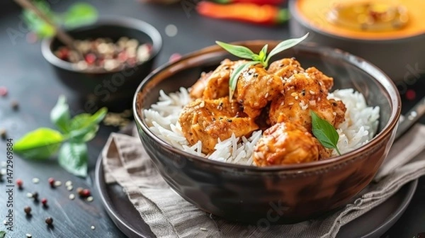 Obraz Savor the rich flavors of this curry chicken dish, perfectly paired with fluffy rice for a classic Indian meal.