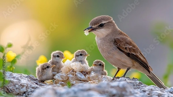 Fototapeta A nurturing bird caring for its adorable chicks amidst a vibrant natural backdrop.