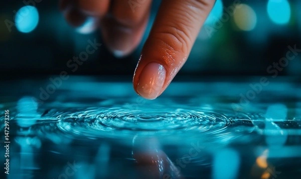 Fototapeta Finger touching rippling water, creating concentric circles, with blue toned background