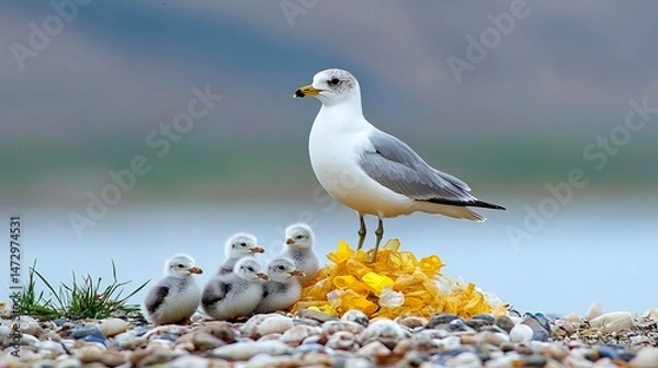 Fototapeta A seagull stands guard over its fluffy chicks, nestled among colorful shells and debris on the beach.