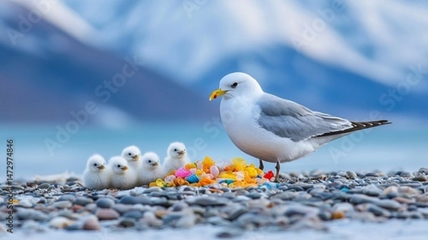 Fototapeta A nurturing adult seagull stands guard over its fluffy chicks, surrounded by colorful pebbles by a serene body of water.