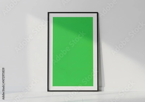 Fototapeta Pôster emoldurado em parede branca com tela verde para inserir arte.