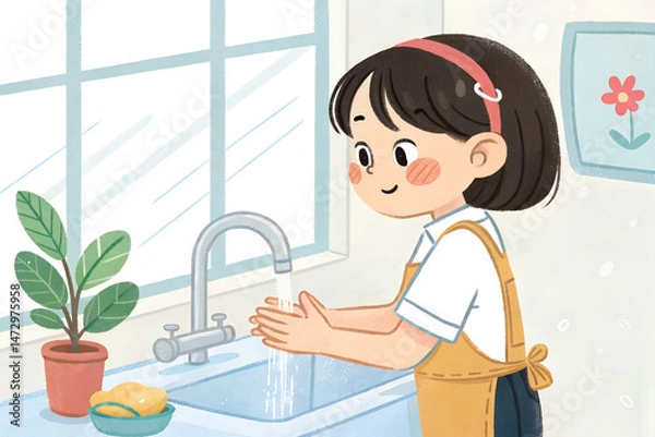 Obraz 水道で手を洗う女の子の上半身
