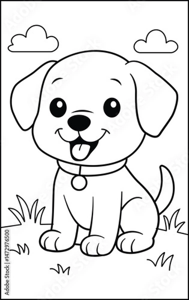 Fototapeta Vector black and white illustration of a sitting dog isolated on a white background.