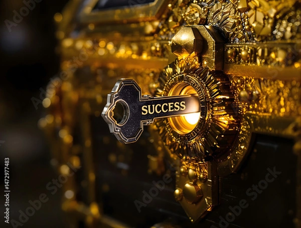 Obraz SUCCESSと書かれた鍵が差し込まれて輝く宝箱
