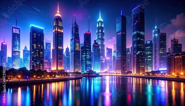 Fototapeta Neon skyline reflects in calm water, capturing futuristic urban essence in vibrant glows