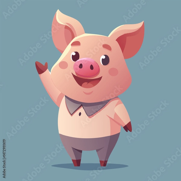 Fototapeta Charming Pig Cartoon: A cute pig character is portrayed, waving hello in a cheerful pose, exuding warmth and friendliness.