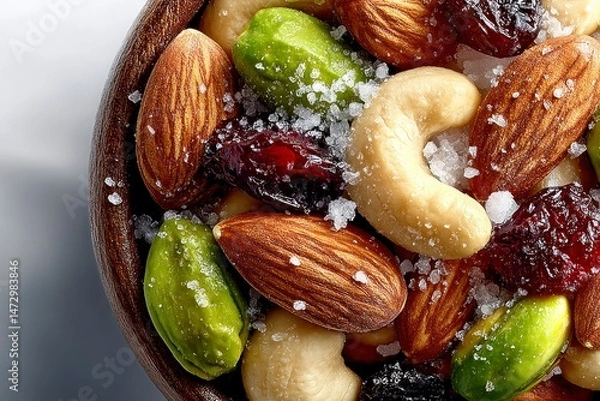 Fototapeta A bowl of assorted nuts and dried fruits sprinkled with coarse salt perfect for healthy snacki