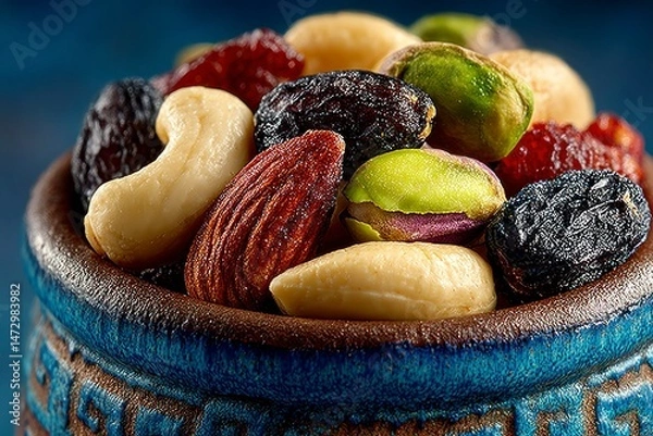 Fototapeta A bowl of assorted nuts and dried fruits perfect for healthy snacking and culinary uses