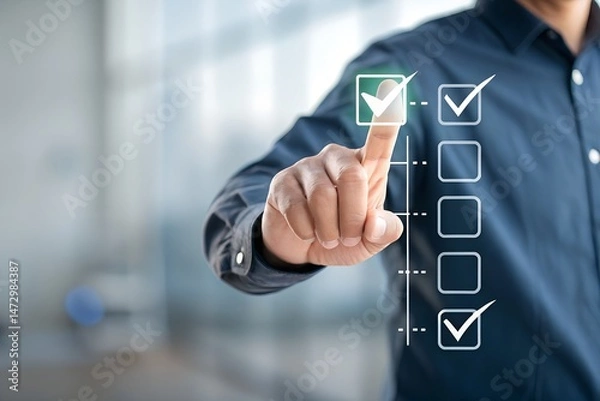 Fototapeta Business success and goal achievement steps. Businessman drawing checkmarks on virtual staircase steps toward achieving goals, ending with red flag as success marker. Planning, progress, goal setting,