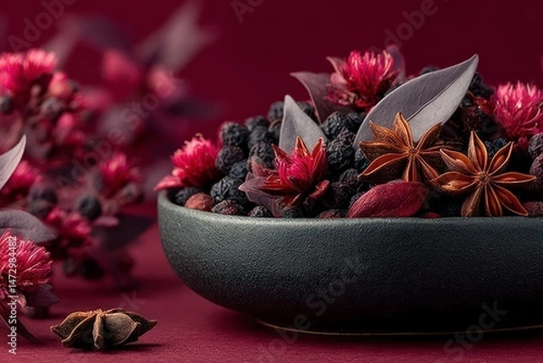 Fototapeta A bowl of aromatic spices and vibrant flowers on a rich background