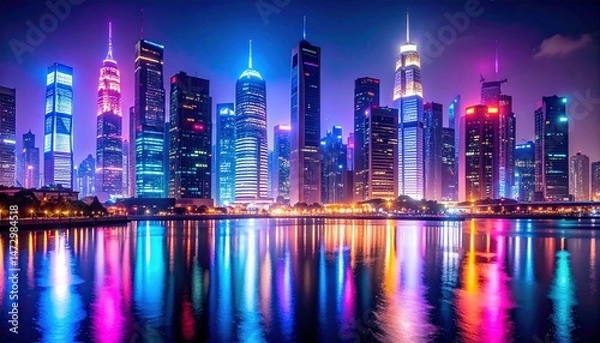 Fototapeta Illuminated skyscrapers reflect in water at night, city skyline brightly glows with a mix of colors