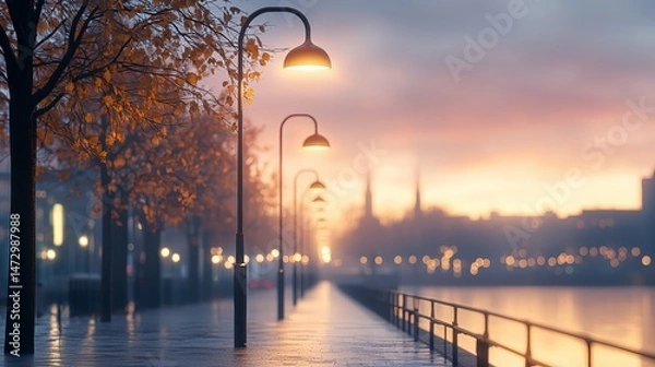 Fototapeta A tranquil riverside walk at dusk, featuring glowing street lamps and autumn leaves, creating a serene ambiance.
