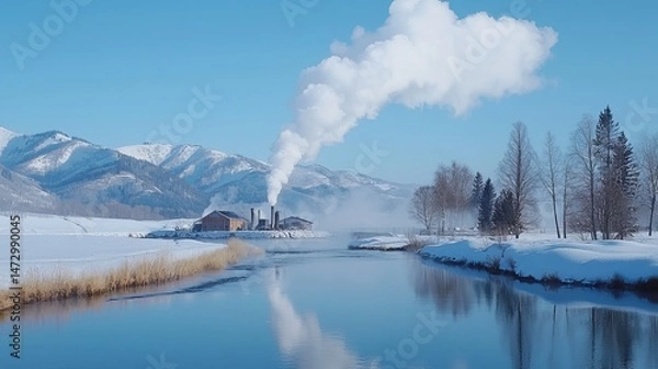 Fototapeta A serene winter landscape featuring a factory emitting steam by a tranquil river surrounded by snow-covered mountains.