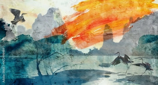 Obraz Herons over sunset