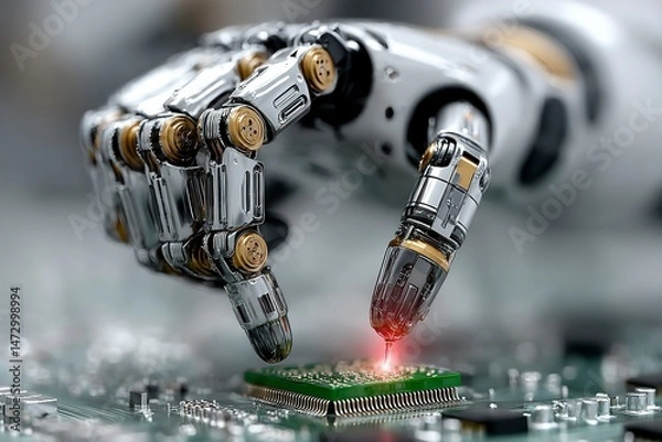 Obraz Advanced Robotic Arm Performing Precision Work on Microchip Technology