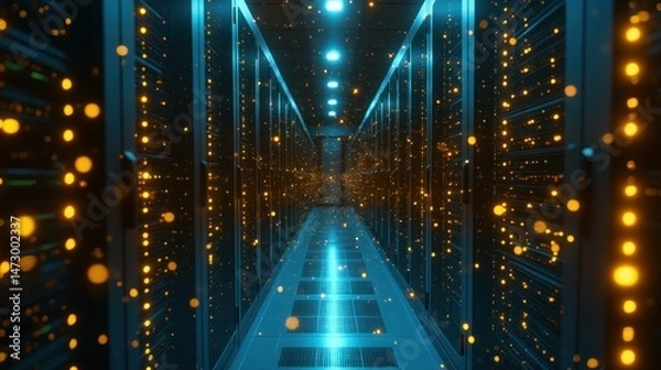 Fototapeta Server room aisle, futuristic, illuminated.  Dynamic, digital data flow