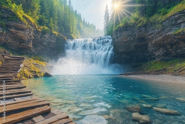 Fototapeta Stunning waterfall cascading into a turquoise pool, surrounded by lush forest.
