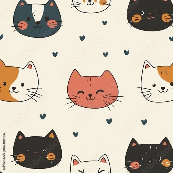 Fototapeta Seamless pattern of cute cartoon cat faces in various colors with small scattered hearts on a light background, depicting playful and happy mood