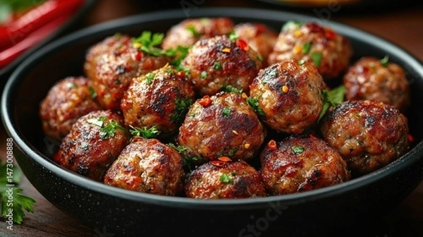 Fototapeta Close-up of a black bowl filled with grilled meatballs garnished with fresh herbs and red chili flakes, showcasing a savory and appetizing meal