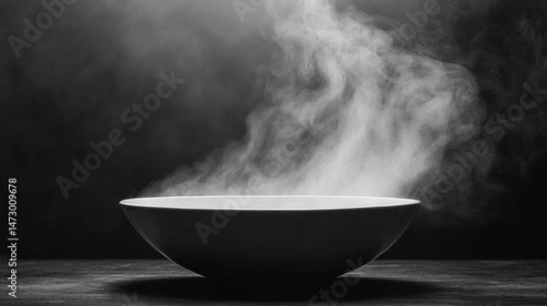 Fototapeta White bowl emitting thick steam on a dark surface with a black background, creating a mysterious and warm atmosphere