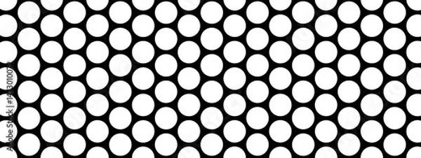 Fototapeta Repeated round dots. White circles on black background. Perforated texture. Pegboard, radiator or speaker grill surface with repeated holes. Mosaic holey print. Vector graphic illustration.