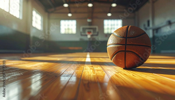Fototapeta A basketball lies on the shiny wooden floor in an empty gymnasium bathed in sunlit windows