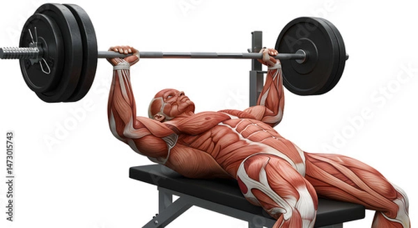 Fototapeta Anatomically detailed figure performing a bench press in a gym setting, showcasing muscle structure and strength training