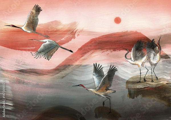 Obraz Cranes with pink fog