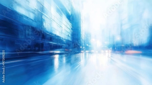 Fototapeta abstract blurred blue cityscape with reflections on wet street and glowing lights creating a dreamy, futuristic atmosphere