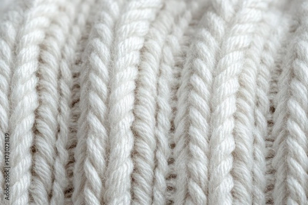 Fototapeta Close-up of soft white knitted fabric showing twisted yarn texture in vertical pattern under natural light