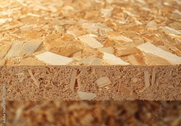 Obraz close-up detailed view of oriented strand board showing compressed wood strands and textured surface