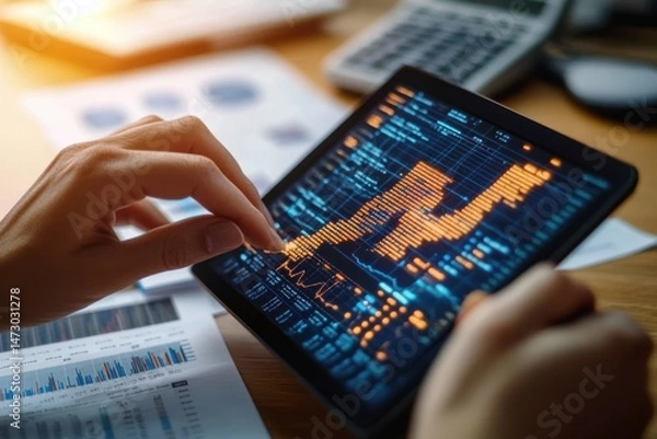 Fototapeta Close-up of a person analyzing financial data and charts on a tablet with a rising trend graph and printed reports on the desk, focused and analytical mood