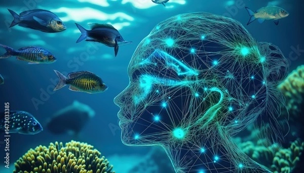 Fototapeta Abstract Deep Learning Neural Network with Fish in Ocean Setting