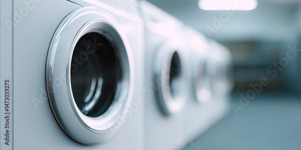 Fototapeta Row of washing machines in a laundromat with a soft focus background. Laundry, cleanliness, appliances