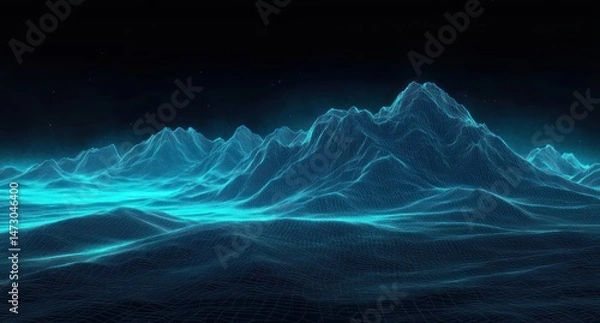 Fototapeta Digital blue wireframe landscape of mountainous terrain against a dark background evoking futuristic and virtual reality atmosphere
