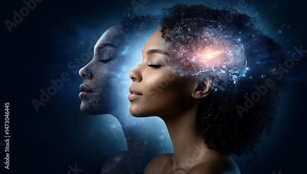 Fototapeta A beautiful Black woman with her eyes closed and an AI-generated head next to her, depicting the