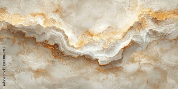 Fototapeta Close-up view of creamy beige and golden wavy textured marble surface with layered natural stone patterns