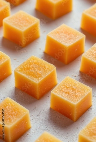 Fototapeta Close-up View of Soft Orange Fruit Jelly Cubes Arranged on a White Background Perfect for Food Photography and Culinary Design Projects