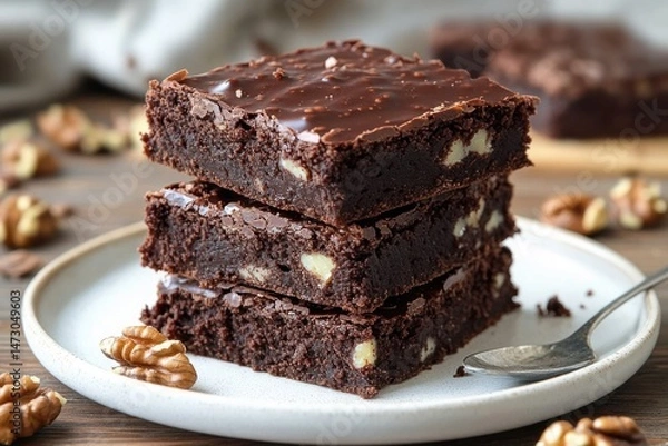 Fototapeta Three stacked chocolate brownies with walnut pieces on a white plate with a spoon on a wooden table, evoking a cozy and indulgent mood