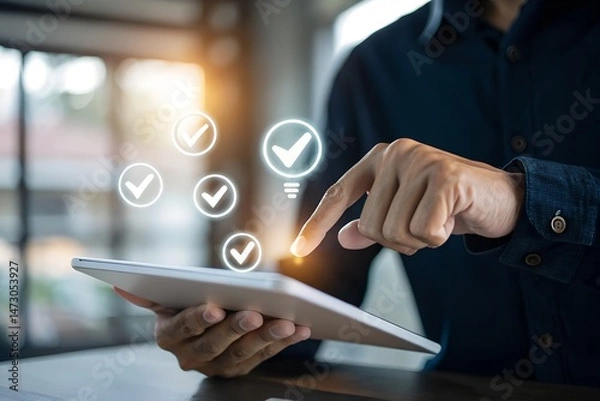Fototapeta Checklist business performance monitoring concept, Business using tablet online survey filling out check digital form task, online survey question form, target marketing planning with quality control